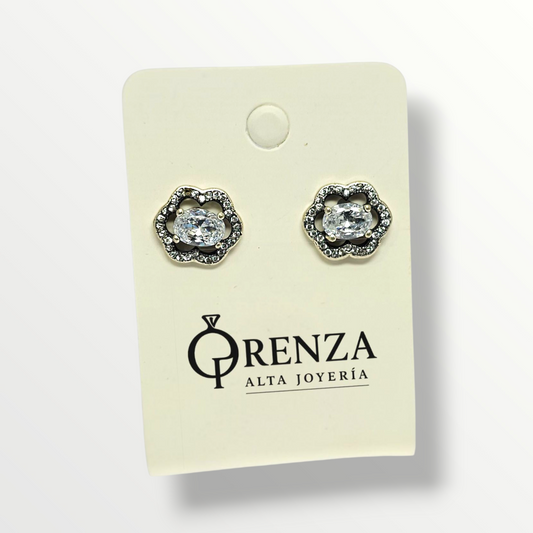 Aros botón con piedra central ovalada - Plata 925