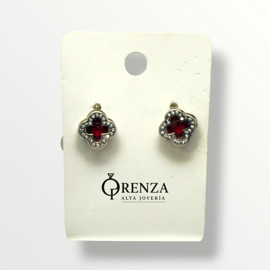 Aros trébol con detalle rojo - Plata 925
